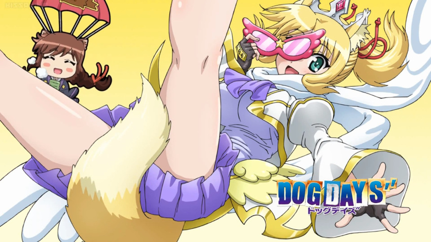 16:9_aspect_ratio 1girl adelaide_grand_marnier animal_ears blonde brioche_d'arquien brown_hair dog_days eyecatch fox_tail green_eyes high_resolution kitsunemimi large_breasts ponytail screen_capture smile tail thighs yukikaze_panettone