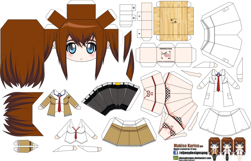 1girl absurdres artist_name blue_eyes brown_hair character_name chibi el_joey highres labcoat makise_kurisu necktie paper_cut-out papercraft solo steins;gate watermark web_address