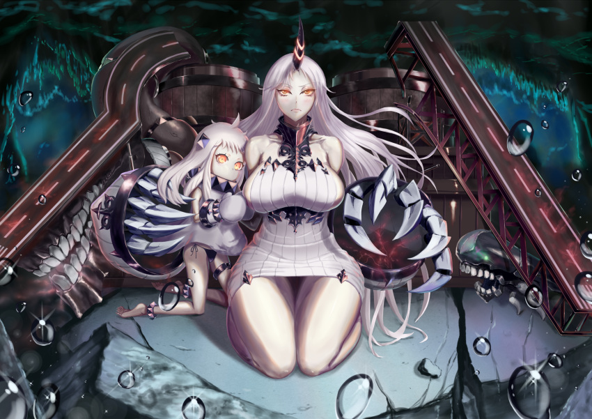 2girls ahoge artist_request breasts claws detached_sleeves dress highres horn horns i-class_destroyer kantai_collection long_hair looking_at_viewer mittens multiple_girls northern_ocean_hime orange_eyes ribbed_dress seaport_hime shinkaisei-kan white_dress white_hair white_skin