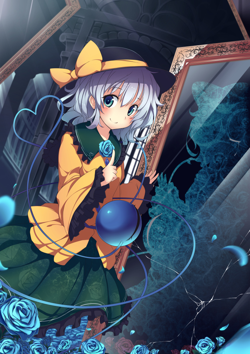 1girl absurdres arch blue_rose crack different_reflection field floral_print flower flower_field hat hat_ribbon heart heart_of_string highres komeiji_koishi light_rays long_sleeves looking_at_viewer mirror petals red_rose reflection ribbon rose shirt silver_hair skirt solo sunbeam sunlight teardrop third_eye touhou ugume wide_sleeves
