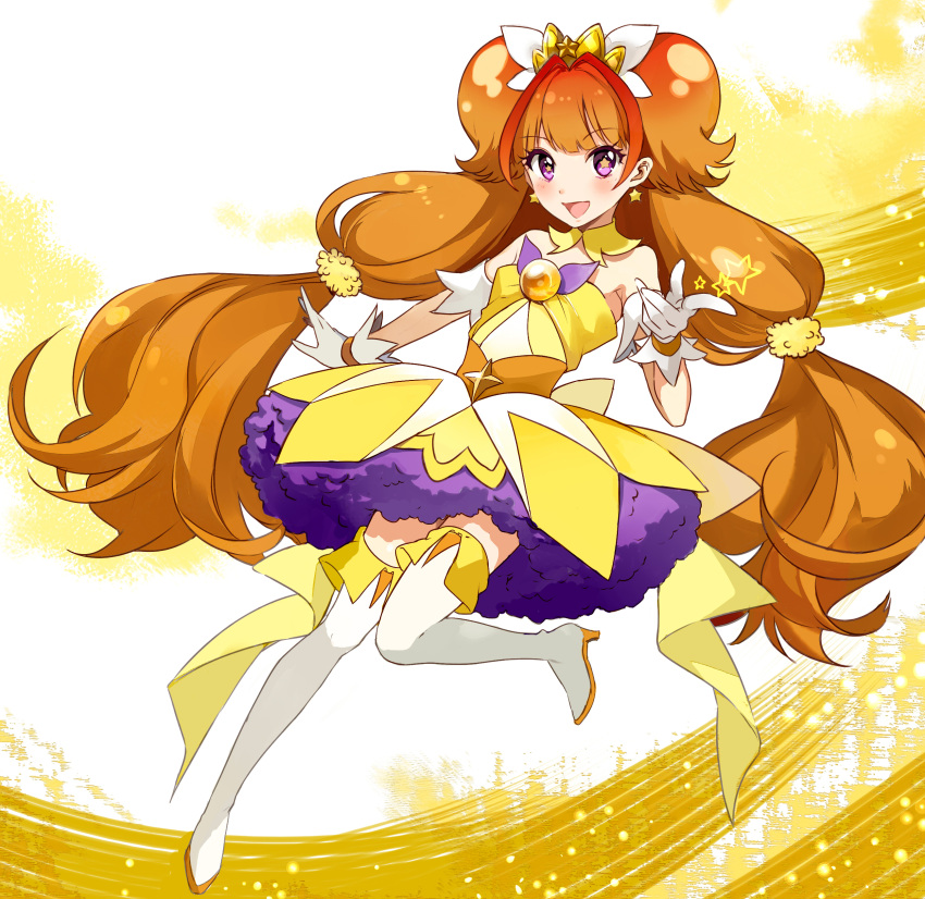 1girl absurdres aki_(mare_desiderii) amanogawa_kirara bare_shoulders boots brown_hair cure_twinkle detached_collar earrings gloves go!_princess_precure highres jewelry long_hair low-tied_long_hair magical_girl multicolored_hair precure quad_tails redhead skirt smile solo star star-shaped_pupils star_earrings streaked_hair symbol-shaped_pupils thigh-highs thigh_boots twintails two-tone_hair violet_eyes white_legwear