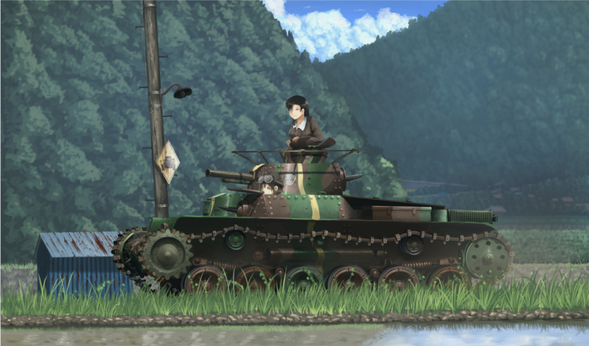 2girls 99_(hosinosensei) black_hair caterpillar_tracks clouds commentary driving girls_und_panzer goggles goggles_on_head helmet hill lamp long_hair military military_vehicle multiple_girls nishi_kinuyo path rice_paddy road road_sign scenery shed sign sky smile tank telephone_pole tree type_97_chi-ha uniform vehicle water