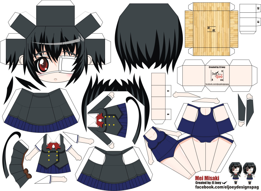 1girl another artist_name black_hair character_name chibi el_joey eyepatch highres misaki_mei paper_cut-out papercraft red_eyes school_swimsuit school_uniform solo swimsuit watermark web_address