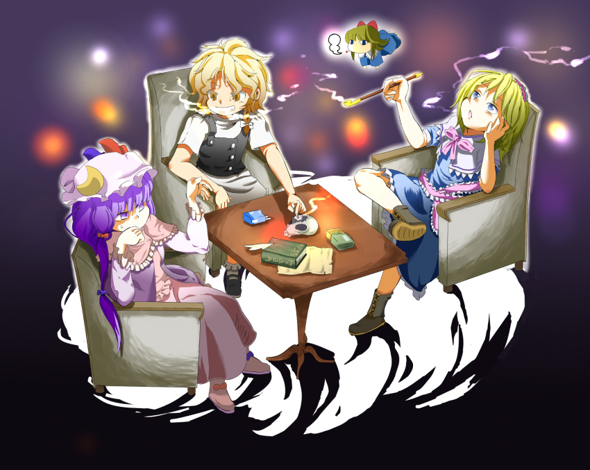 &lt;o&gt;_&lt;o&gt; 3girls alice_margatroid apron ashtray blonde_hair blue_dress blue_eyes book boots bow braid capelet chair cigarette cigarette_box crescent_moon crossed_legs dress floating grin hair_bow hairband highres kirisame_marisa looking_up mob_cap moon moyazo multiple_girls neck_ribbon paper patchouli_knowledge pipe purple_hair ribbon sash shanghai_doll side_braid sitting skull smile smoking table touhou violet_eyes waist_apron wavy_hair yellow_eyes