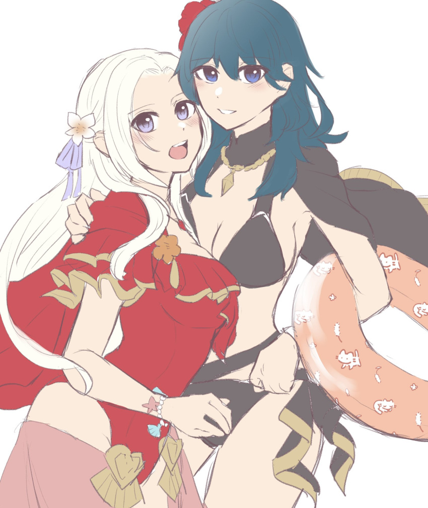 2girls bangs bikini black_bikini blue_eyes blue_hair blush breasts byleth_(fire_emblem) byleth_eisner_(female) cape closed_mouth edelgard_von_hresvelg fire_emblem fire_emblem:_three_houses fire_emblem_heroes hair_between_eyes hair_ornament hair_over_one_eye hair_ribbon highres hug large_breasts long_hair long_sleeves looking_at_viewer medium_hair multiple_girls official_alternate_costume one-piece_swimsuit open_mouth rasukuma red_cape red_swimsuit ribbon simple_background smile swimsuit violet_eyes white_hair yuri