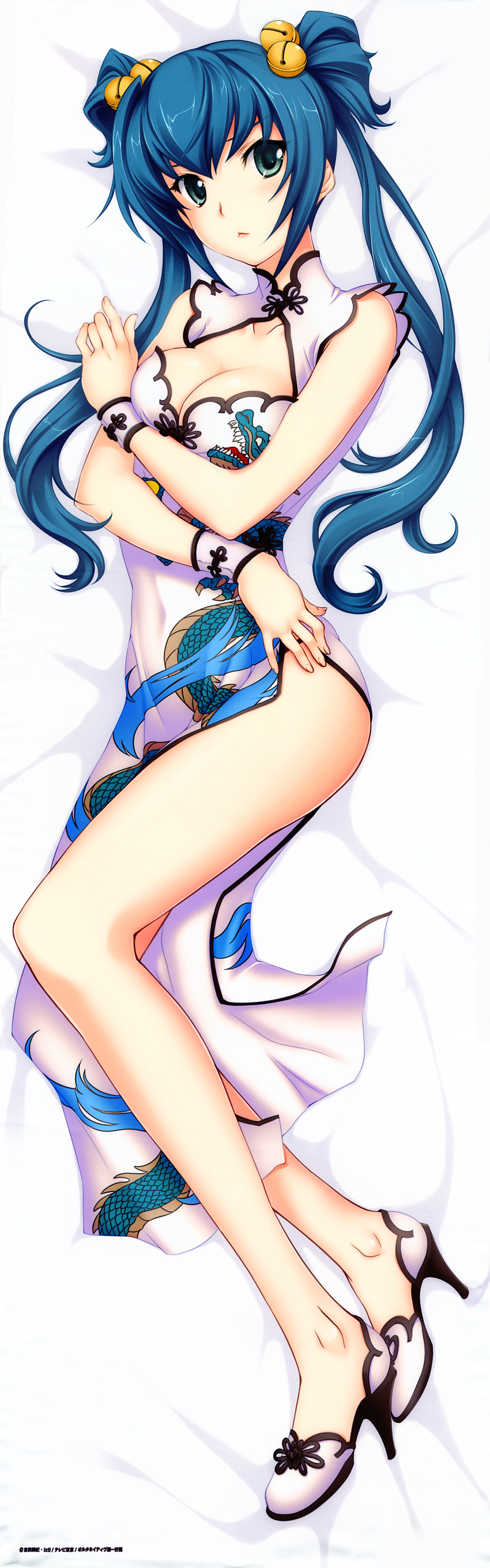 1girl :&lt; absurdres bell breast_hold china_dress chinese_clothes covered_navel cui_yifei dakimakura full_body green_eyes green_hair hair_bell hair_ornament high_heels highres huge_filesize long_hair lying muvluv muvluv_alternative muvluv_total_eclipse side_slit solo twintails two_side_up wrist_cuffs