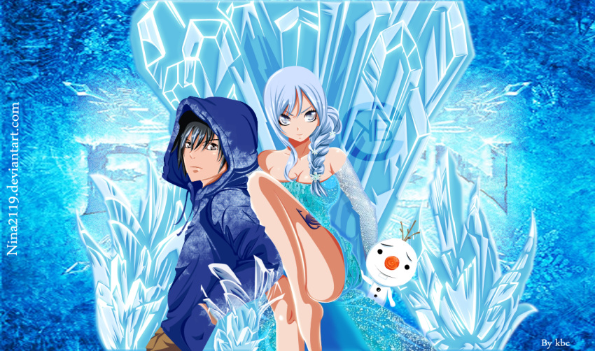 1boy 1girl bare_shoulders cosplay dress elsa_(frozen) elsa_(frozen)_(cosplay) fairy_tail frozen_(disney) gray_fullbuster hoodie jack_frost_(rise_of_the_guardians) jack_frost_(rise_of_the_guardians)_(cosplay) juvia_loxar long_hair rise_of_the_guardians