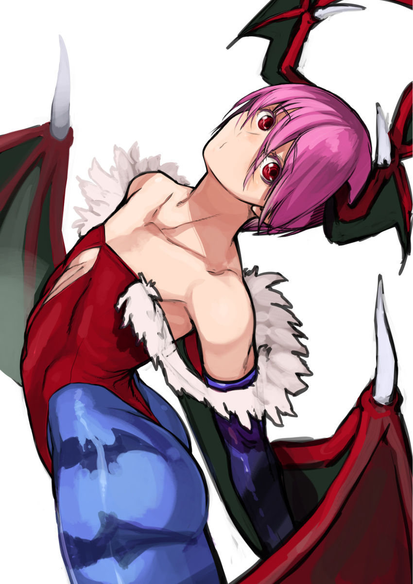 1girl ass bare_shoulders demon_wings garakuta head_wings highres leotard lilith_aensland pantyhose pink_hair red_eyes short_hair solo vampire_(game) wings