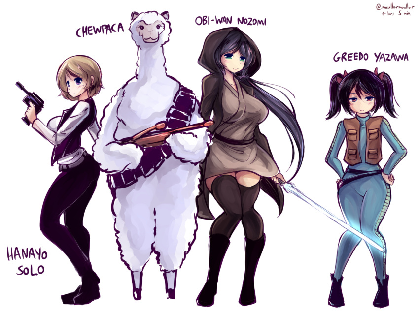 3girls alpaca black_hair breasts brown_hair cloak cosplay energy_sword flat_chest greedo greedo_(cosplay) gun han_solo han_solo_(cosplay) handgun hands_on_hips hood jedi koizumi_hanayo large_breasts lightsaber long_hair love_live!_school_idol_project low_twintails maullarmaullar multiple_girls obi-wan_kenobi obi-wan_kenobi_(cosplay) pistol purple_hair red_eyes rifle short_hair short_twintails star_wars sword thigh-highs toujou_nozomi twintails violet_eyes weapon what wide_hips yazawa_nico