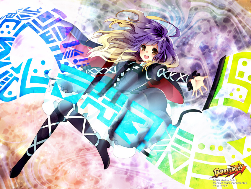 1girl ankle_lace-up blonde_hair blush cross-laced_clothes cross-laced_footwear dress gradient_hair highres hijiri_byakuren inma juliet_sleeves leg_up long_hair long_sleeves multicolored_hair open_mouth outstretched_arms puffy_sleeves purple_hair smile solo sorcerer's_sutra_scroll spread_arms touhou watermark wavy_hair yellow_eyes
