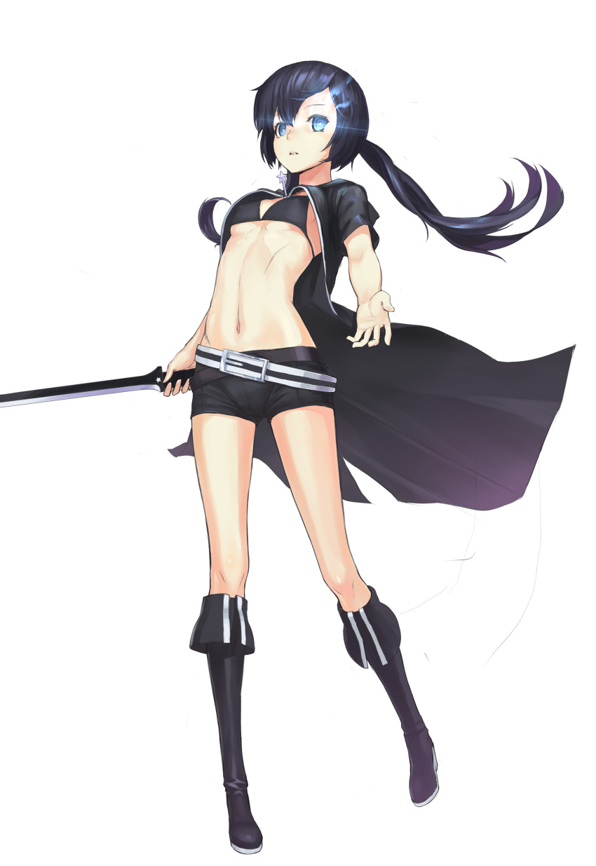 1girl absurdres belt bikini_top black_hair black_rock_shooter black_rock_shooter_(character) blue_eyes boots glowing glowing_eyes highres jinyuan712 long_hair looking_at_viewer midriff navel outstretched_arm shorts solo sword twintails weapon