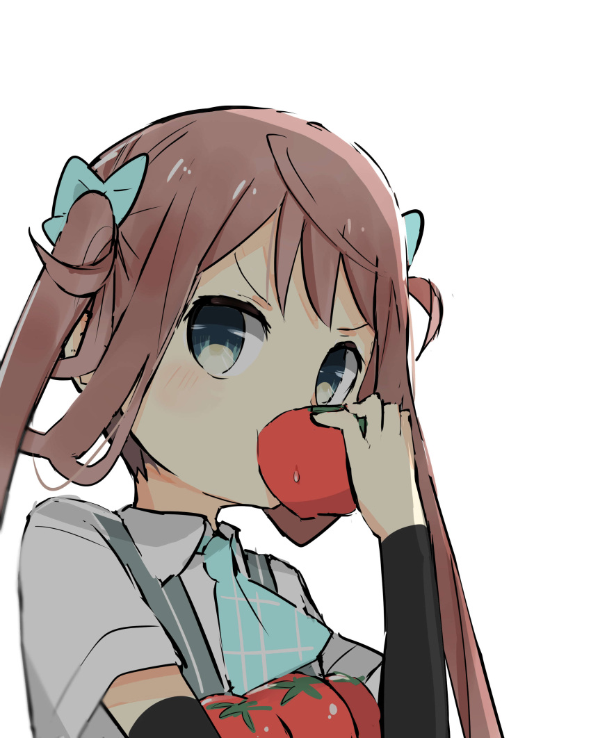 1girl absurdres asagumo_(kantai_collection) ascot blue_eyes blush brown_hair daiyamaimo dress_shirt eating hair_rings highres kantai_collection long_hair shirt short_sleeves simple_background solo suspenders tomato twintails white_background