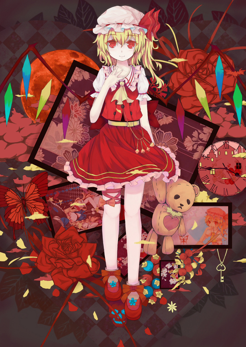1girl argyle argyle_background ascot berries blonde_hair butterfly charm_(object) clock dead_blue diamond_(symbol) flandre_scarlet flower frilled_skirt frills full_body full_moon grey_background hand_on_own_chest hat hat_ribbon heart highres key kirisame_marisa leg_ribbon looking_at_viewer mary_janes mob_cap moon pale_skin photo_(object) red_eyes red_rose ribbon roman_numerals rose shoe_ribbon shoes short_hair side_ponytail skirt skirt_set smile solo standing stuffed_animal stuffed_toy teddy_bear touhou wings