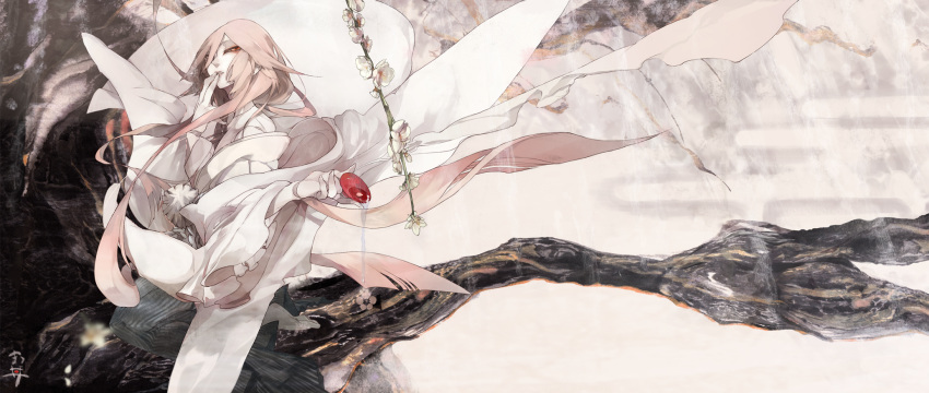 androgynous bare_shoulders branch doll_joints flower hakama hand_on_own_face highres in_tree japanese_clothes long_hair looking_at_viewer makodonburi18 original pink_hair plum pom_pom_(clothes) pouring red_eyes sakazuki sitting sitting_in_tree solo tabi tree very_long_hair wide_sleeves