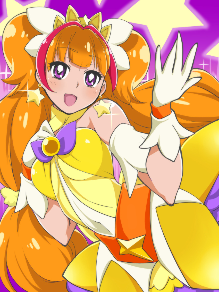 1girl :d amanogawa_kirara bare_shoulders blush brown_hair choker cure_twinkle earrings gloves go!_princess_precure highres jewelry long_hair looking_at_viewer magical_girl multicolored_hair open_mouth precure purple_background redhead smile solo star star_earrings sumemako twintails two-tone_hair violet_eyes white_gloves