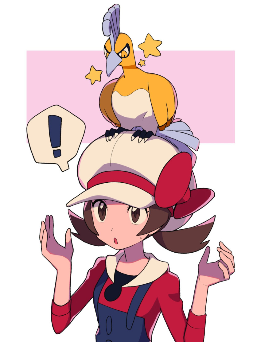 ! 1girl :o alternate_color blue_overalls bow brown_eyes brown_hair cabbie_hat hands_up hat hat_bow highres ho-oh long_hair lyra_(pokemon) on_head overalls pokemon pokemon_(creature) pokemon_(game) pokemon_hgss pokemon_on_head red_bow red_shirt shiny_pokemon shirt spoken_exclamation_mark star_(symbol) sweatdrop twintails tyako_089 w_arms white_headwear