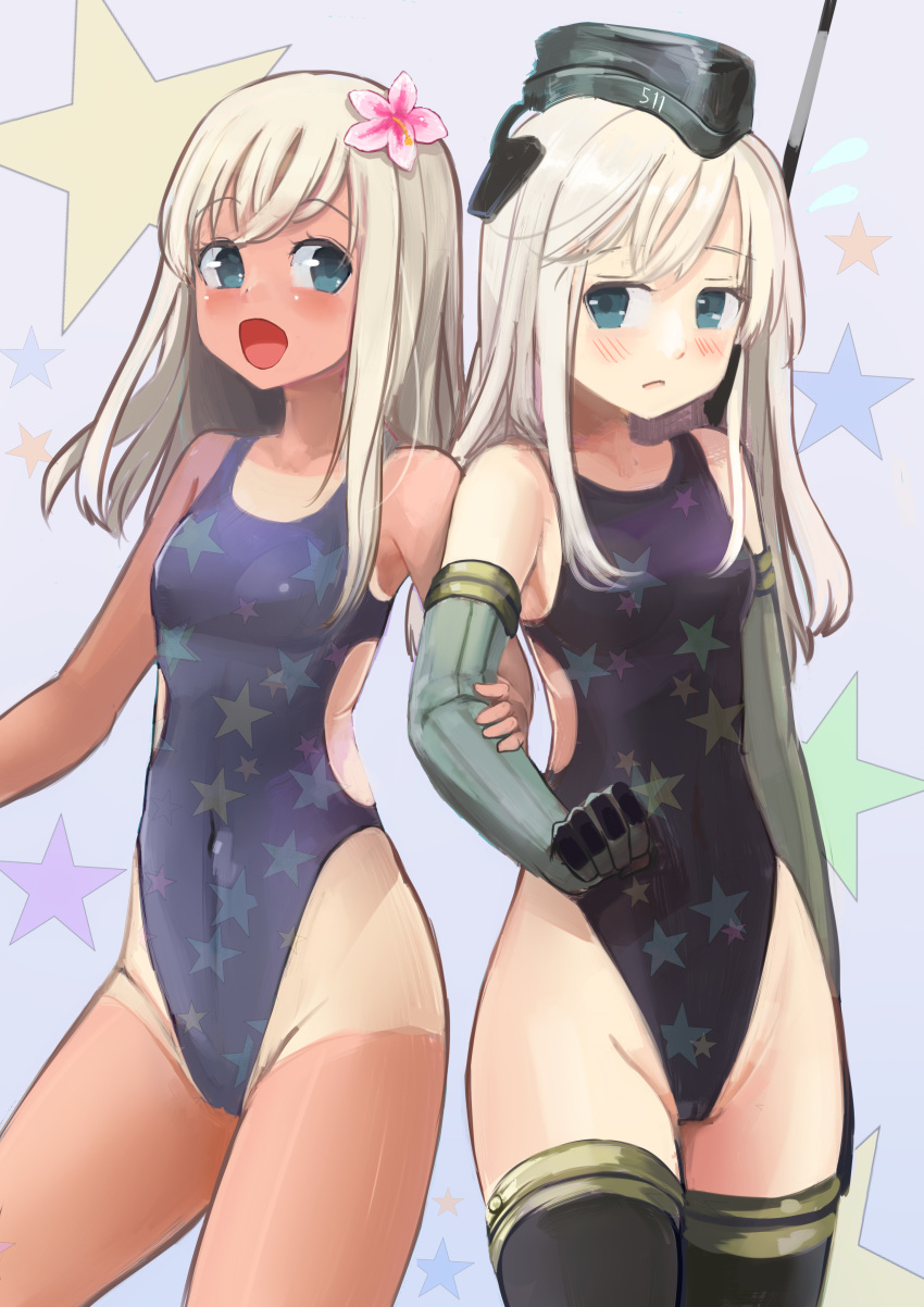 2girls absurdres bare_shoulders black_legwear blonde_hair blue_eyes blush casual_one-piece_swimsuit covered_navel cowboy_shot dual_persona embarrassed flower flying_sweatdrops garrison_cap gradient gradient_background hair_flower hair_ornament hat highleg highleg_swimsuit highres kantai_collection long_hair looking_at_another looking_at_viewer mound_of_venus multiple_girls one-piece_swimsuit open_mouth parted_lips print_swimsuit purple_background ro-500_(kantai_collection) side_glance small_breasts smile star swimsuit tada_no_ichigo tan tanline thigh-highs u-511_(kantai_collection)