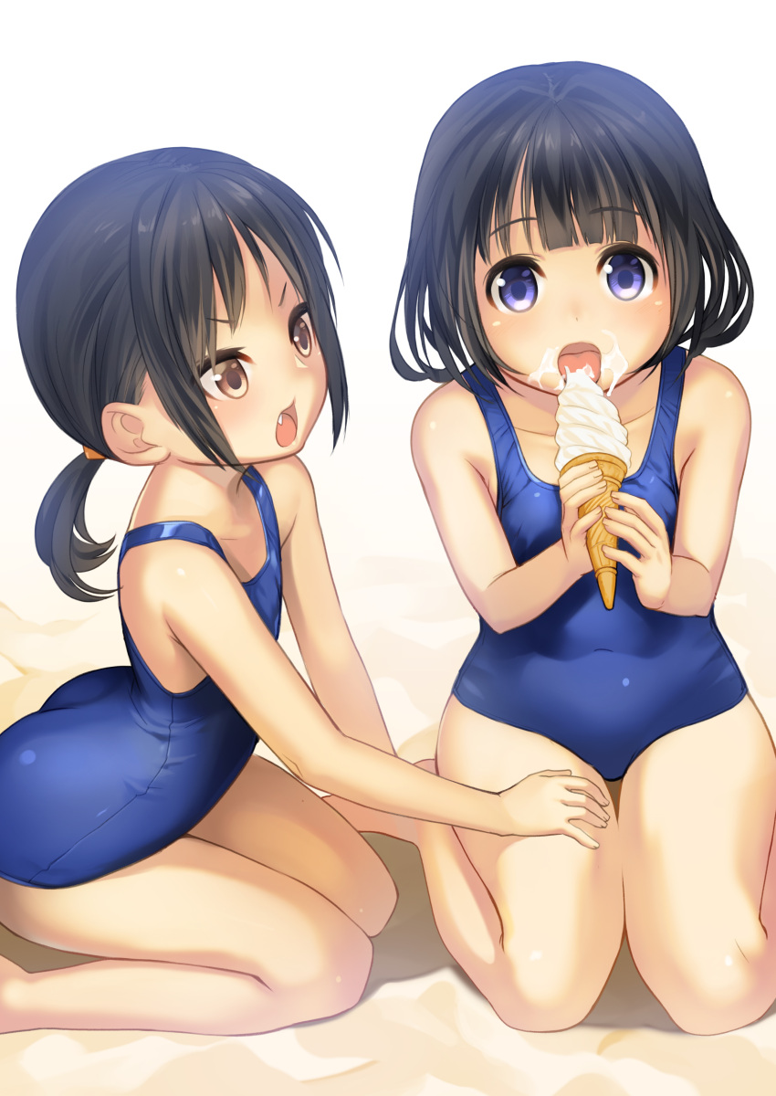 2girls absurdres black_hair blue_eyes blush brown_eyes brown_hair food hand_on_another's_thigh highres ice_cream km_(nijie104352) multiple_girls one-piece_swimsuit original ponytail seiza short_hair sitting swimsuit