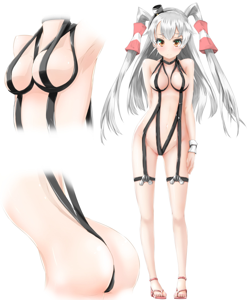 1girl amatsukaze_(kantai_collection) armpits ass breasts collarbone groin hair_ornament highres kantai_collection long_hair looking_at_viewer medium_breasts navel orange_eyes r0g0b0 silver_hair simple_background sling_bikini solo swimsuit white_background