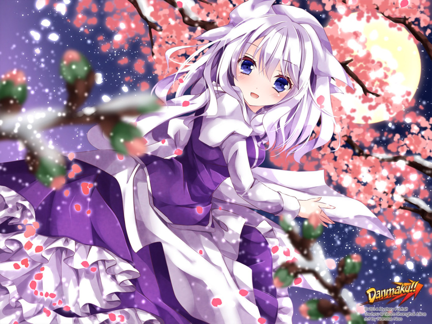 1girl blue_eyes blush cherry_blossoms curly_hair dutch_angle frilled_skirt frills full_moon hat highres juliet_sleeves letty_whiterock long_sleeves looking_at_viewer moon nanase_nao night night_sky open_mouth outdoors petals puffy_sleeves silver_hair skirt skirt_set sky smile snow snowing solo touhou tree