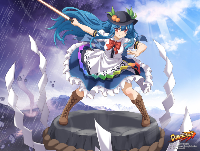 apron black_hat blue_hair blush boots bow bowtie brown_shoes clouds cloudy_sky cross-laced_footwear dark_clouds food frills fruit hat highres hinanawi_tenshi keystone leaf long_hair looking_at_viewer mountain outdoors peach puffy_short_sleeves puffy_sleeves rain rainbow_gradient rainbow_order red_bow red_eyes shirt short_sleeves skirt skirt_set sky sword_of_hisou touhou wanaca watermark white_shirt
