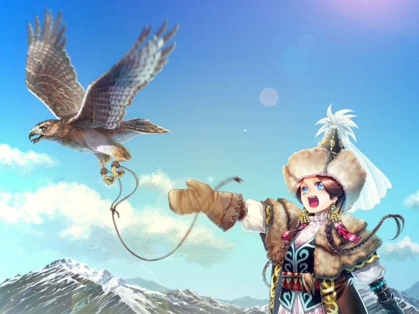1girl beads blue_eyes bracelet braid brown_hair clouds commentary earrings fur hat jewelry kazakhstan kws leash lens_flare long_hair mittens mountain open_mouth original sky snow solo traditional_clothes twin_braids