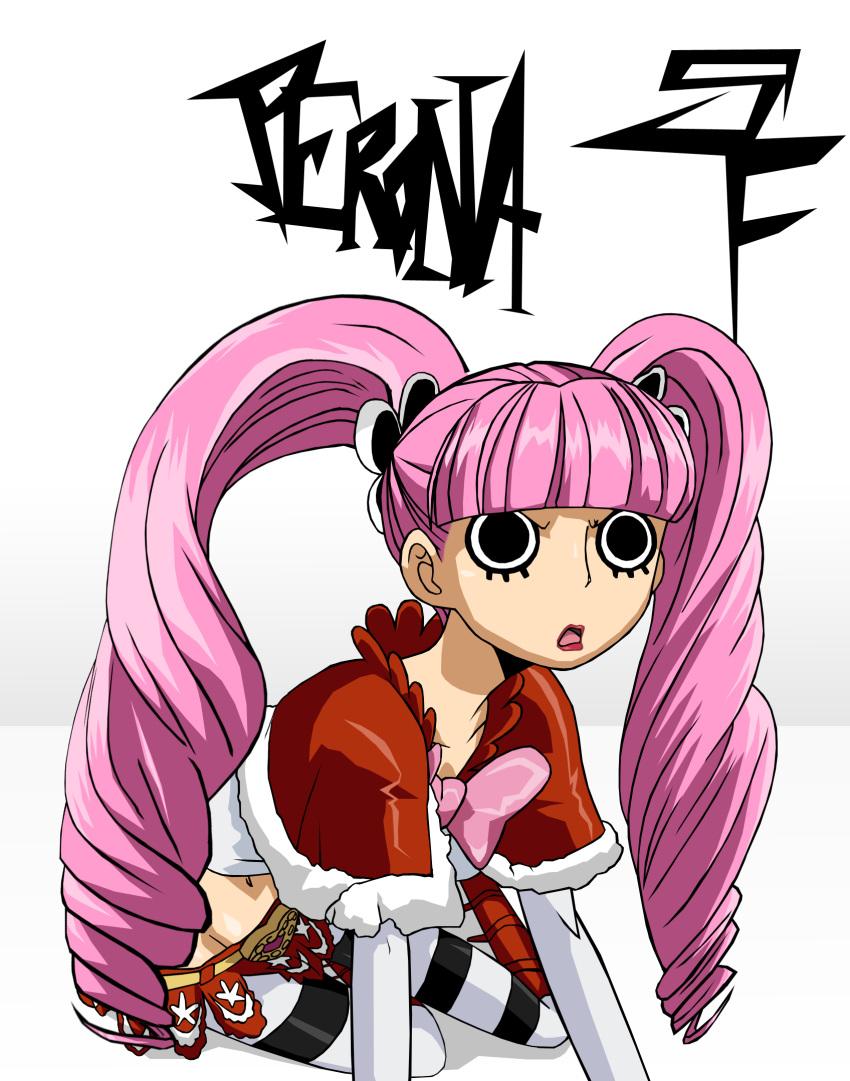 bow breasts confused drill_hair female lolita_fashion one_piece open_mouth perona photoshop pink_hair sitting solo stiky_finkaz stripes twintails vector_trace