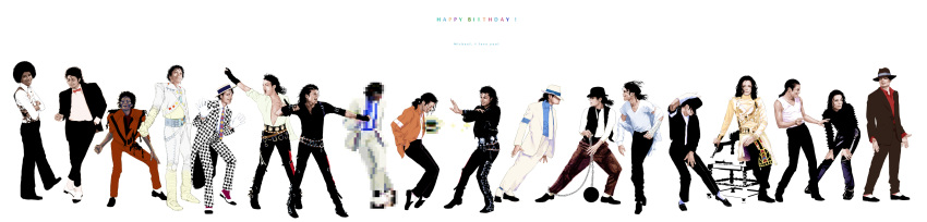 afro annotated annotation_request aojima bad_(song) billie_jean black_or_white bowtie captain_eo captain_eo_(character) dirty_diana fedora gloves happy_birthday hat highres jheri_curl leaning long_image male michael_jackson moonwalker necktie partially_annotated pixel_art remember_the_time scream_(song) smooth_criminal thriller wide_image you_rock_my_world zombie