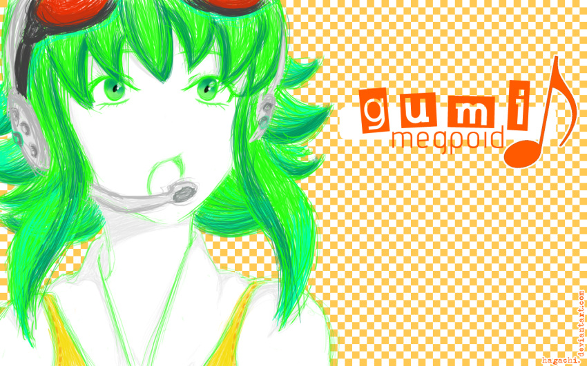 goggles_on_head green_eyes green_hair gumi hagachi headphones musical_note open_mouth short_hair sketch solo vocaloid wallpaper