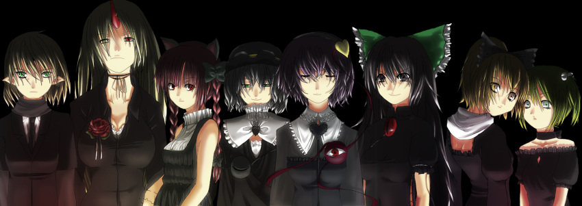 bad_id bare_shoulders black_eyes black_hair blonde_hair bow braid cat_ears collar eyes formal green_eyes green_hair hair_bow hair_over_one_eye hat heart highres horn horns hoshiguma_yuugi ikkei_dou kaenbyou_rin kisume komeiji_koishi komeiji_satori kurodani_yamame long_hair long_image mizuhashi_parsee necktie oni pant_suit pointy_ears purple_hair red_eyes red_hair redhead reiuji_utsuho scarf short_hair silver_hair suit touhou twin_braids twintails wide_image yellow_eyes