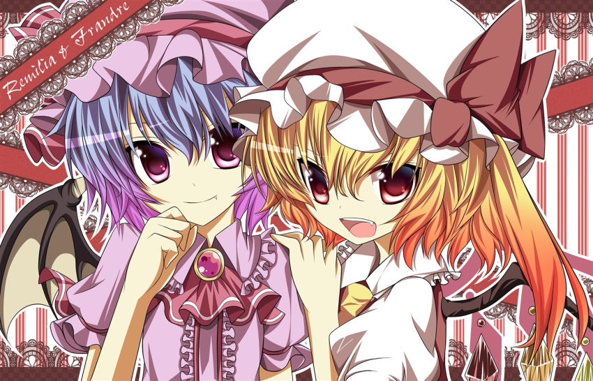 bat_wings blonde_hair fang flandre_scarlet frills gradient_hair hat hikobae multicolored_hair multiple_girls ponytail purple_eyes purple_hair red_eyes remilia_scarlet ribbon short_hair siblings side_ponytail sisters smile touhou violet_eyes wings