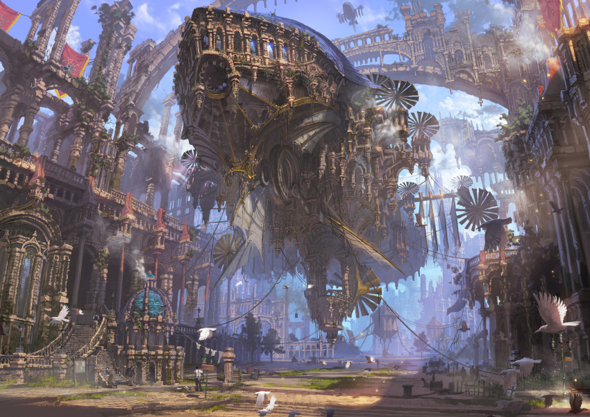 1girl 2boys absurdres airship arch architecture banner bird building cable city clothesline clouds column dome dove fantasy floating gate grass highres lamppost landscape light_rays mailbox multiple_boys original overgrown pillar propeller railing reishin_(tenpurasoba) revision ruins scenery sky smoke stairs sunbeam sunlight vines window