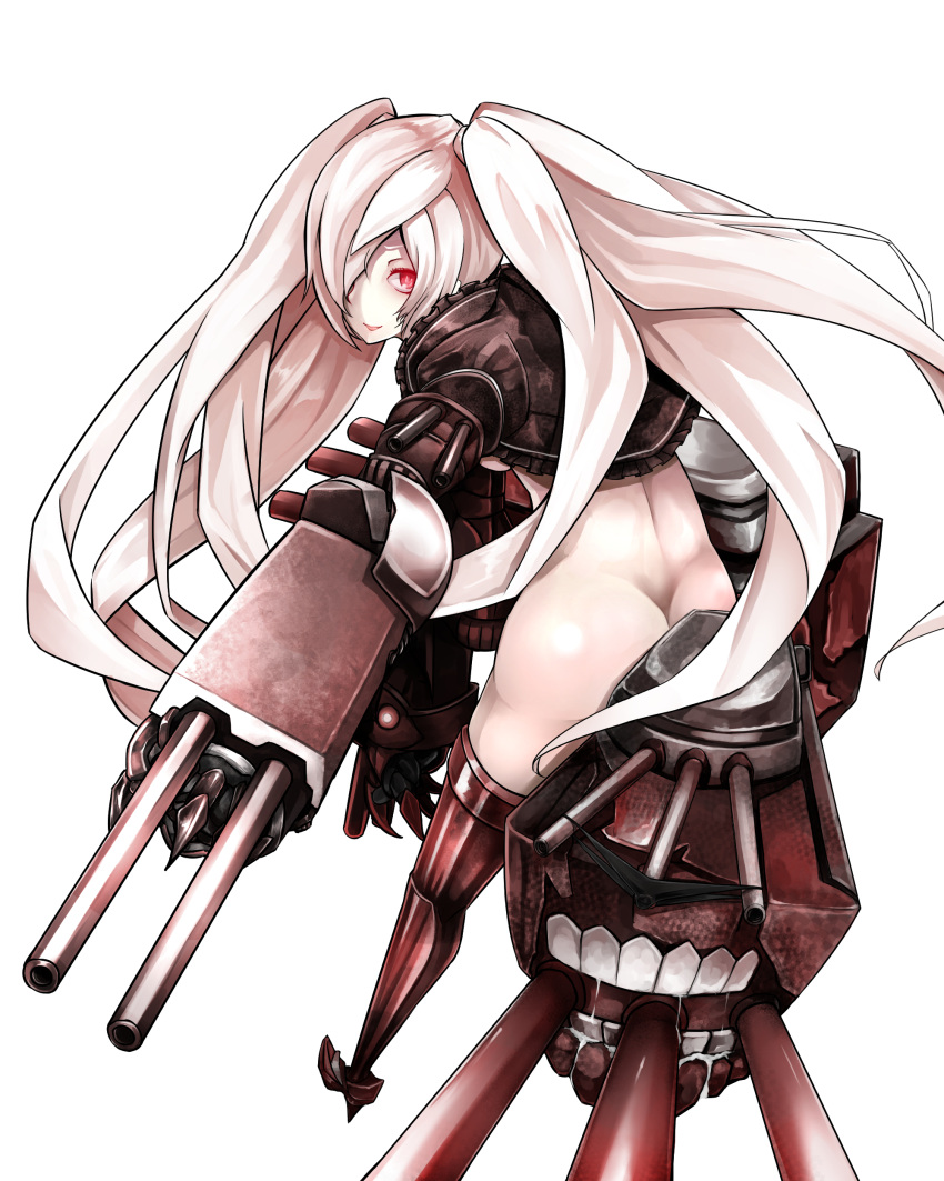 1girl absurdres ass black_legwear boots bottomless claws gauntlets ginto hair_over_one_eye high_heel_boots high_heels highres kantai_collection long_hair red_eyes saliva shinkaisei-kan solo southern_ocean_oni thigh-highs thigh_boots turret twintails very_long_hair white_hair white_skin