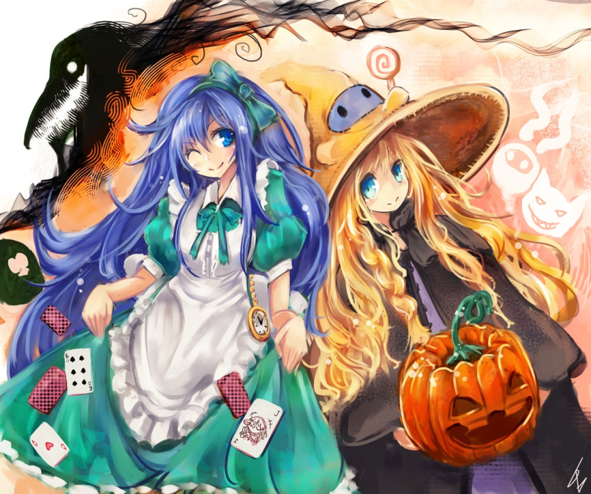 2girls ;) apron ascot braid candy cape card curly_hair cyl dress green_dress hair_ornament hair_ribbon hairband halloween hat jack-o'-lantern lollipop long_hair looking_at_another multiple_girls one_eye_closed original playing_card pocket_watch pumpkin ribbon roderick_bodkin signature silhouette smile steam_(platform) sutiko tappet watch witch_hat
