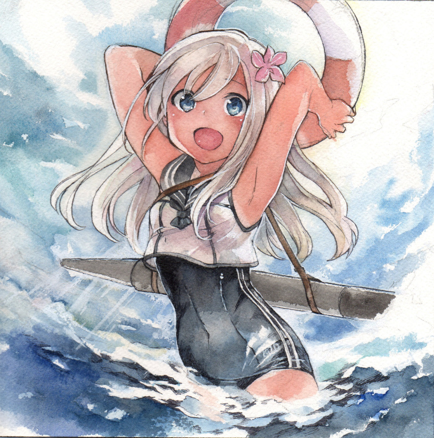 1044kiro 1girl :d acrylic_paint_(medium) armpits blue_eyes flower hair_flower hair_ornament highres kantai_collection long_hair looking_at_viewer open_mouth partially_submerged ro-500_(kantai_collection) school_swimsuit school_uniform smile solo swimsuit swimsuit_under_clothes torpedo traditional_media water watercolor_(medium) white_hair