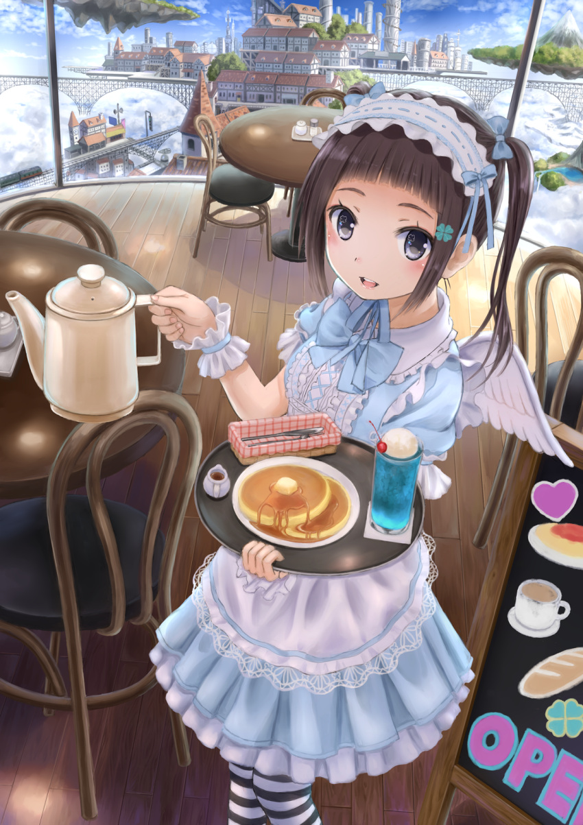 1girl apron bangs black_eyes black_hair blunt_bangs blush bow butter clover four-leaf_clover frills glass hair_bow hair_ornament hairclip highres ice_cream_float knife looking_at_viewer maid maid_headdress open_mouth original pancake plate scenery short_hair skirt smile solo syrup taka_(tsmix) tray twintails wings