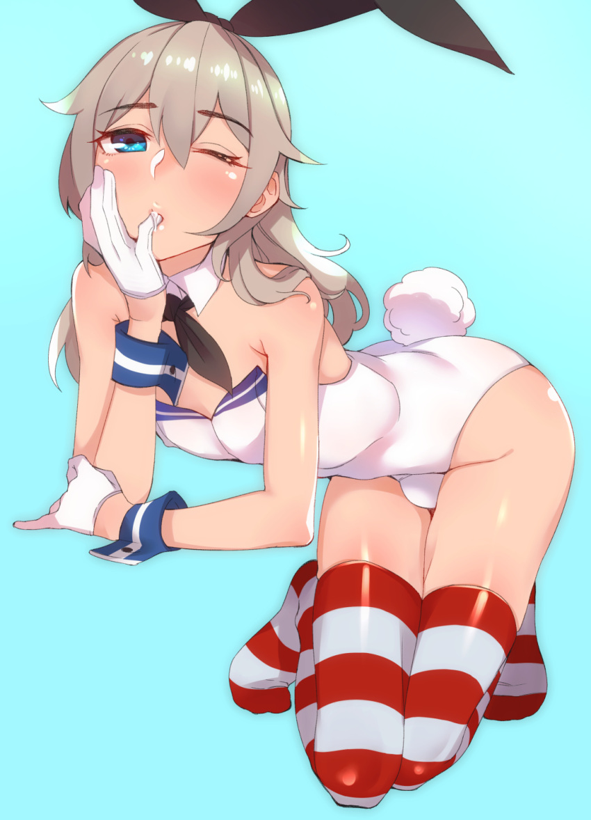 1boy adapted_costume animal_ears ascot blue_eyes bulge bunny_tail bunnysuit detached_collar finger_in_mouth genderswap gloves highres inuhasiru kantai_collection long_hair rabbit_ears shimakaze_(kantai_collection) silver_hair striped striped_legwear tail thighhighs trap wink wrist_cuffs