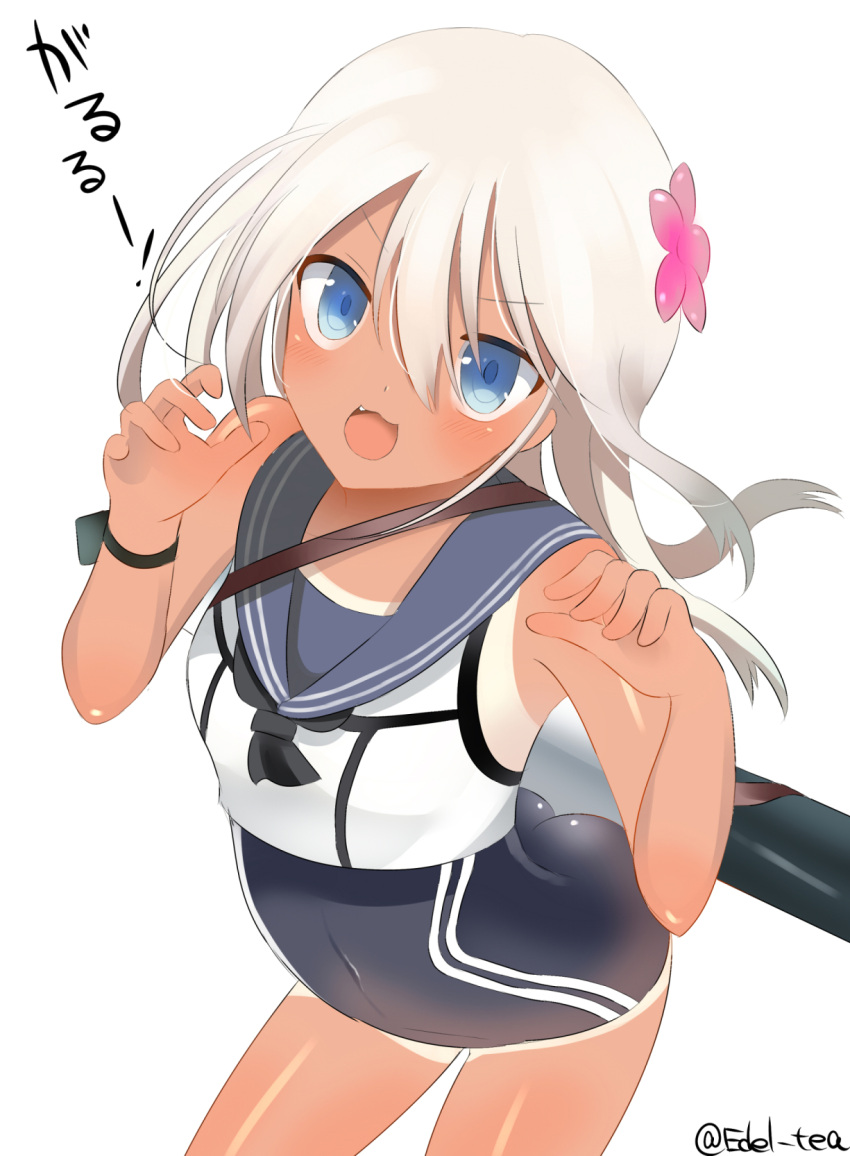 1girl blonde_hair blue_eyes crop_top edel_(edelcat) fang flower hair_flower hair_ornament highres kantai_collection long_hair ro-500_(kantai_collection) sailor_collar school_swimsuit swimsuit swimsuit_under_clothes tan tanline