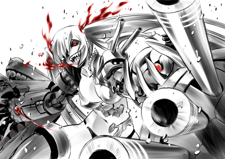 1girl bikini breasts breathing_fire claws cleavage collarbone fire highres kantai_collection large_breasts long_hair mechanical_arms navel open_mouth red_eyes saliva senomoto_hisashi sharp_teeth shinkaisei-kan solo southern_ocean_war_oni spot_color swimsuit turret twintails very_long_hair