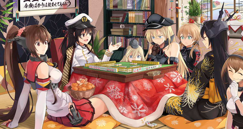 6+girls alternate_costume bare_shoulders basket bismarck_(kantai_collection) black_hair blonde_hair blue_eyes board_game bookshelf breasts brown_eyes brown_hair cheating_(competitive) closed_eyes detached_sleeves female_admiral_(kantai_collection) floral_print flower food fruit green_eyes hair_flower hair_ornament hair_ribbon hat highres japanese_clothes kantai_collection kimono kotatsu large_breasts long_hair low_twintails machinery mahjong mahjong_table mandarin_orange military military_uniform multiple_girls mutsu_(kantai_collection) nagato_(kantai_collection) neko_(yanshoujie) obi open_mouth peaked_cap pillow ponytail prinz_eugen_(kantai_collection) ribbon sailor_collar sash shirt short_hair skirt smile table tatami thigh-highs translation_request twintails u-511_(kantai_collection) under_kotatsu under_table uniform window yamato_(kantai_collection)