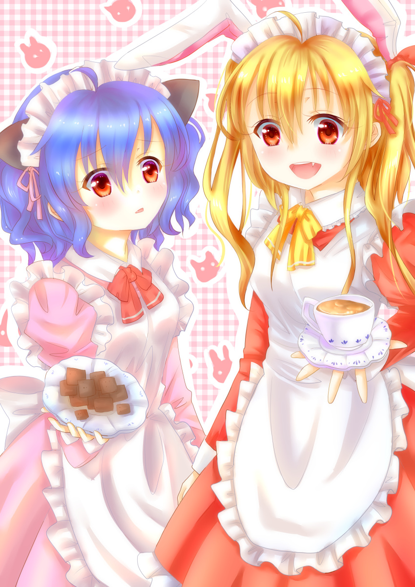2girls absurdres ahoge alternate_costume animal_ears apron blonde_hair blue_hair blush cat cat_ears checkered checkered_background cookie cup dress enmaided fake_animal_ears fang flandre_scarlet food hair_ribbon highres looking_at_viewer maid maid_headdress multiple_girls no_wings open_mouth parted_lips plate rabbit_ears red_eyes remilia_scarlet ribbon saucer short_hair siblings side_ponytail sisters teacup tengxiang_lingnai touhou
