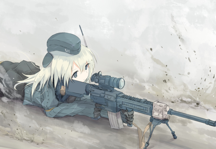 1girl aiming bipod blonde_hair blue_eyes bust cropped_jacket debris expressionless garrison_cap gun hat kantai_collection long_sleeves lying nao_(qqqbb) on_ground on_stomach outdoors rifle sniper solo u-511_(kantai_collection) weapon