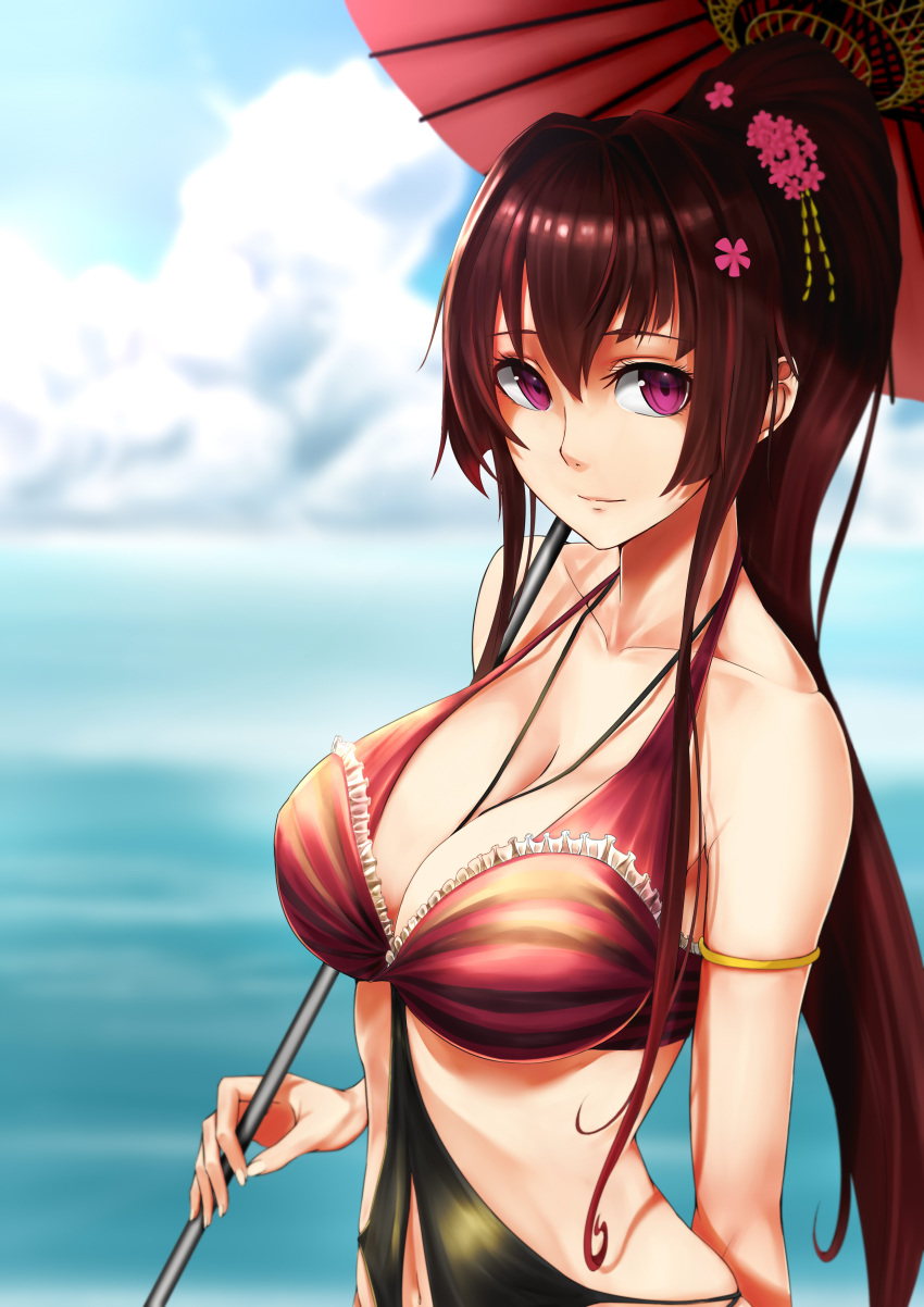 1girl absurdres between_breasts bikini blue_sky breasts brown_hair bust cherry_blossoms clouds flower frilled_bikini frills hair_flower hair_ornament halterneck highres holding kantai_collection large_breasts light_smile long_hair looking_at_viewer navel_cutout ocean oriental_umbrella ponytail red_bikini shijiu_(adamhutt) sky solo swimsuit umbrella violet_eyes yamato_(kantai_collection)