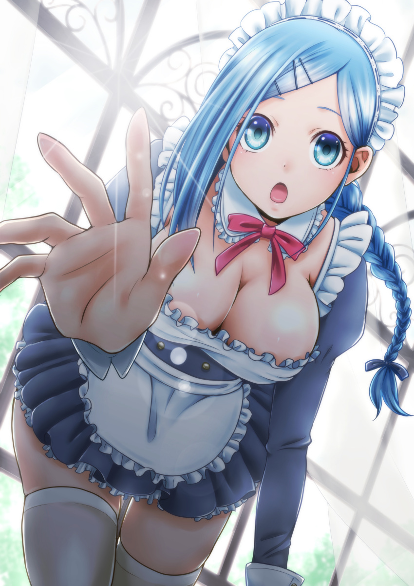 1girl :o absurdres artist_request blue_eyes blue_hair braid breasts cleavage detached_collar hair_ornament hairclip highres large_breasts leaning_forward lens_flare long_sleeves maid maid_headdress original outstretched_hand tagme