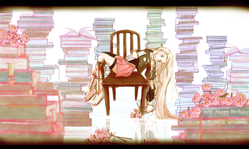 1girl aqua_eyes blonde_hair book book_stack boots braid chair character_name detached_sleeves flower happy_birthday haruka_nagazumi holding holding_book ia_(vocaloid) knee_boots kneehighs letterboxed long_hair open_book pleated_skirt reclining reflective_floor single_kneehigh skirt solo thigh_strap twin_braids very_long_hair vocaloid