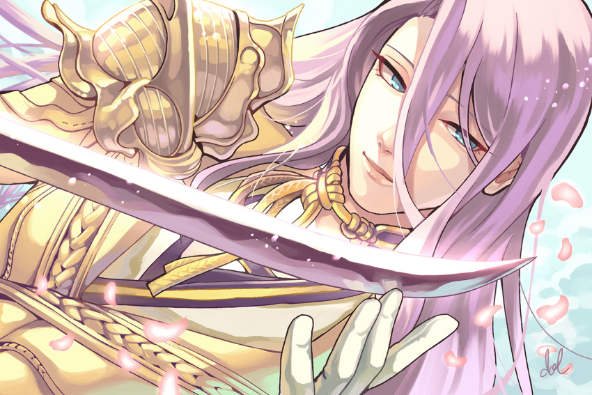 1boy artist_name blue_eyes bust cherry_blossoms dolustoy dutch_angle hachisuka_kotetsu lips long_hair male_focus purple_hair solo touken_ranbu