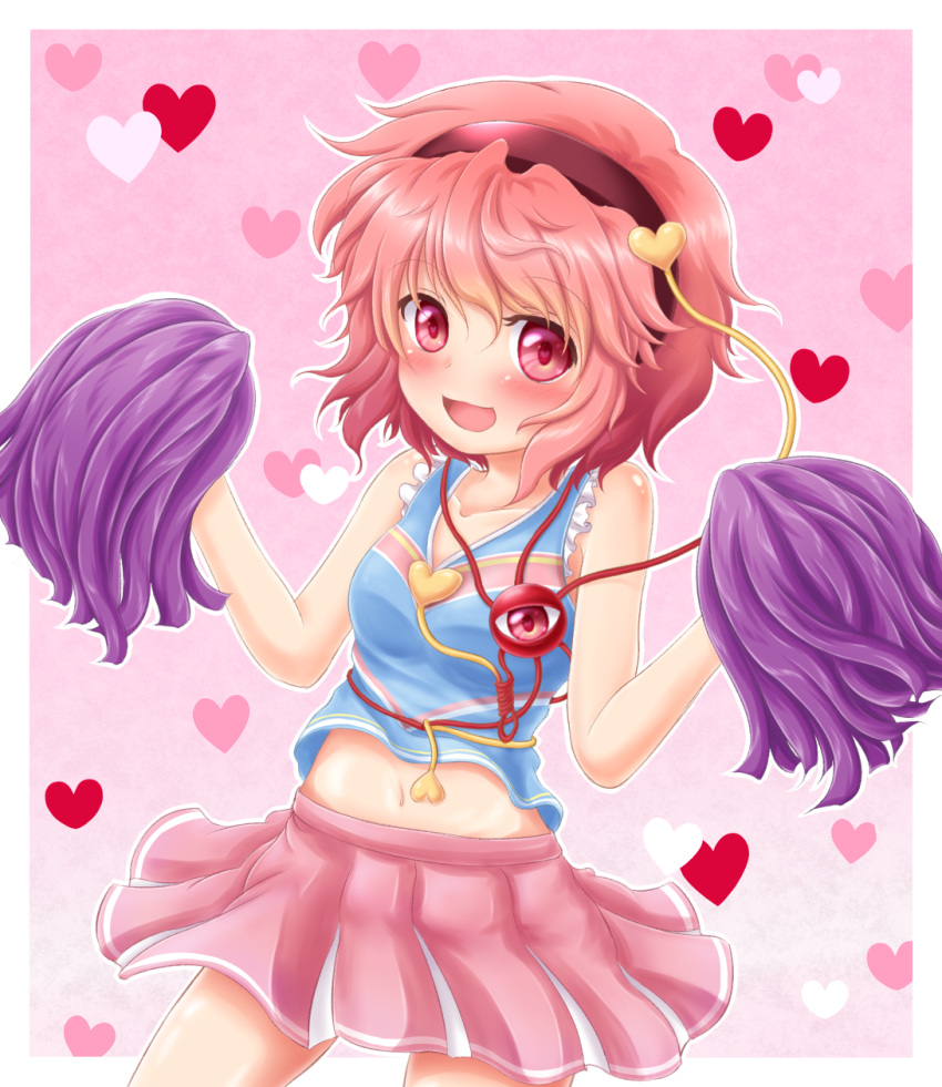 1girl alternate_costume bare_arms blush cheerleader collarbone cowboy_shot hairband heart heart-shaped_pupils heart_background highres kisa_limy komeiji_satori looking_at_viewer midriff navel open_mouth pink_background pink_eyes pink_hair pleated_skirt pom_poms short_hair skirt solo symbol-shaped_pupils tank_top third_eye touhou
