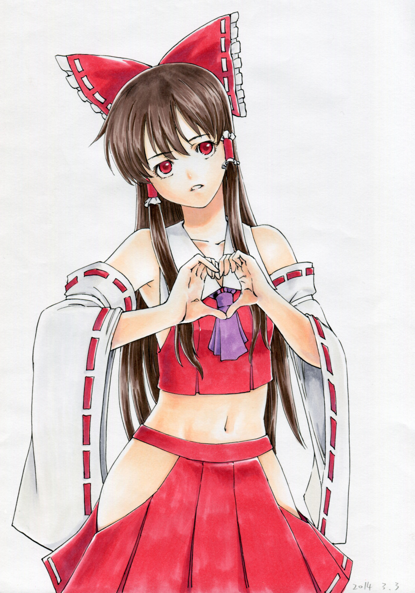 1girl 2014 absurdres ascot bare_shoulders bow brown_hair collarbone cowboy_shot dated detached_sleeves hair_bow hair_tubes hakurei_reimu heart heart_hands highres long_hair looking_at_viewer midriff navel parted_lips red_eyes red_skirt ribbon-trimmed_sleeves ribbon_trim side_slit simple_background skirt solo touhou traditional_media white_background wys_1981