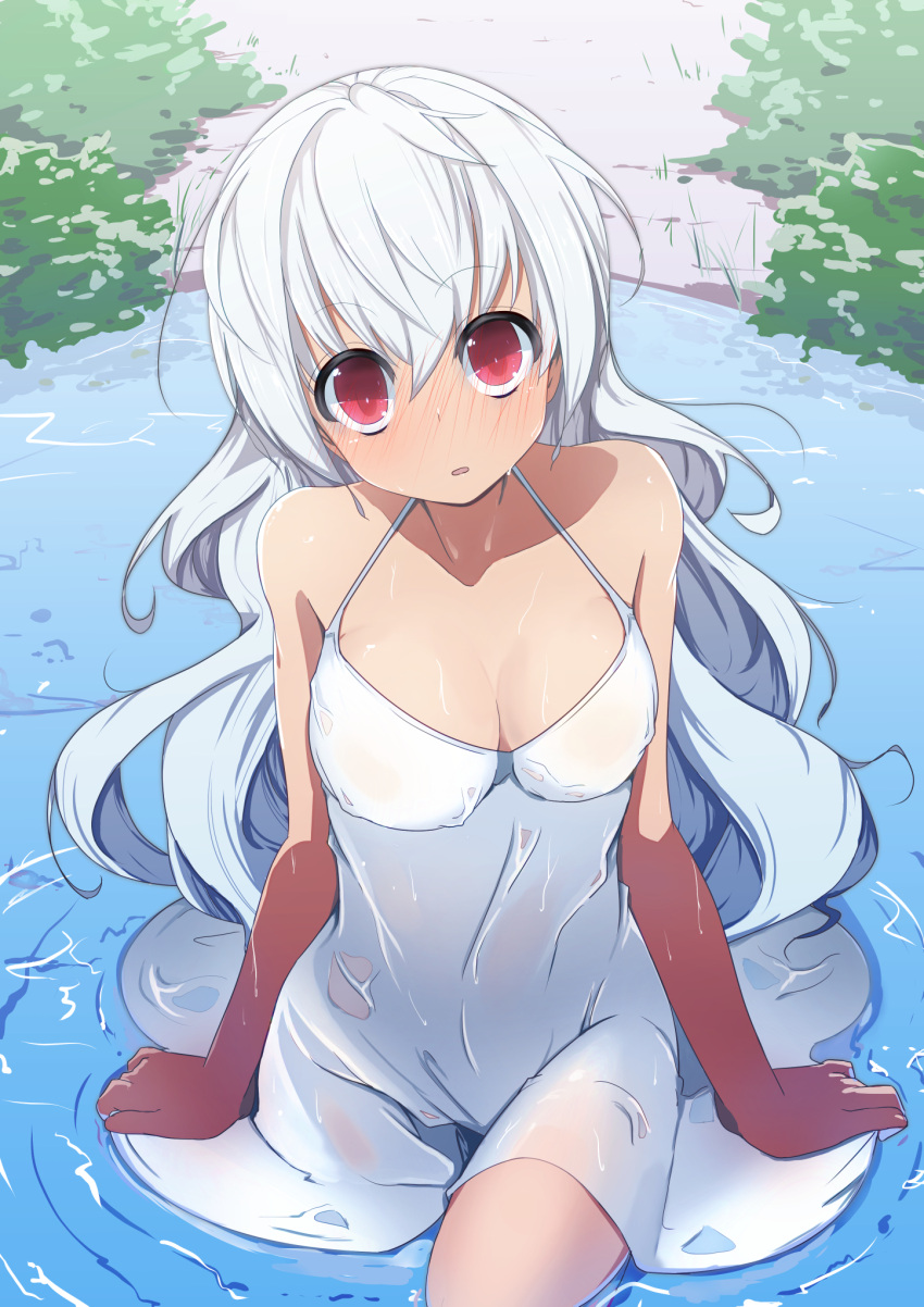 1girl blush breasts cleavage dress full-face_blush highres long_hair open_mouth original pon_(shind_997) red_eyes silver_hair solo wet wet_clothes white_dress