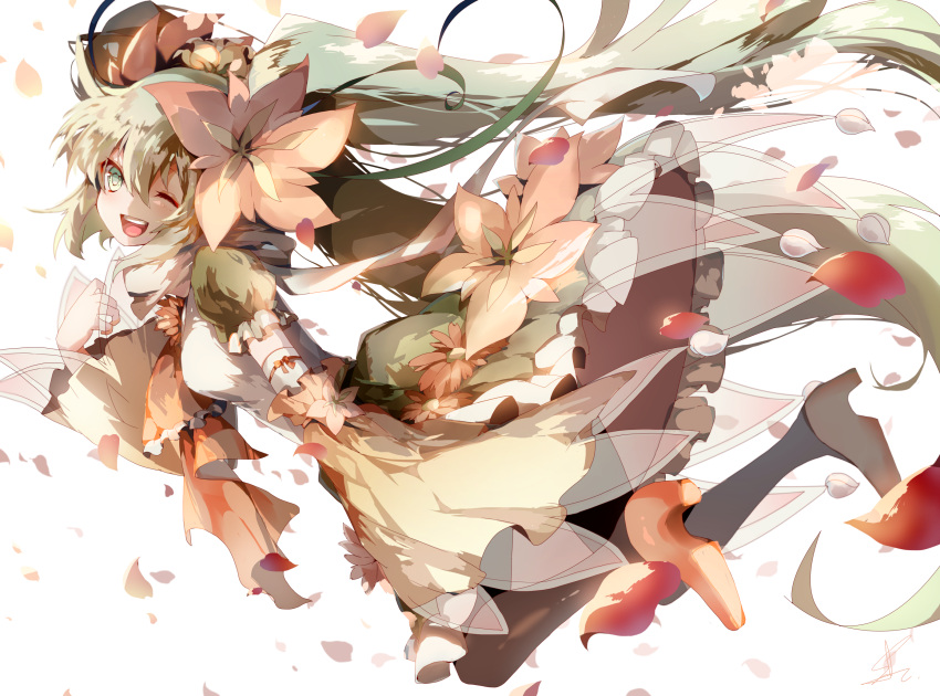 1girl detached_sleeves dress flower green_eyes green_hair hair_flower hair_ornament hatsune_miku high_heels highres long_hair one_eye_closed open_mouth pantyhose saihate_(artist) solo twintails very_long_hair vocaloid white_background